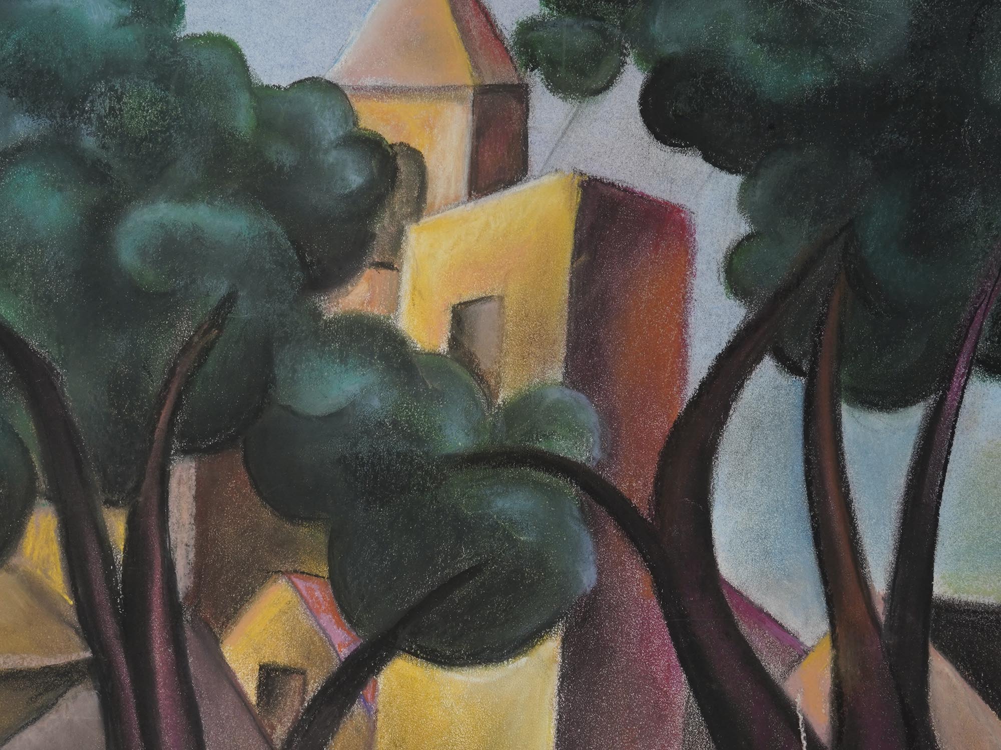 CUBIST PASTEL ON PAPER LANDSCAPE PAINTING SIGNED PIC-2